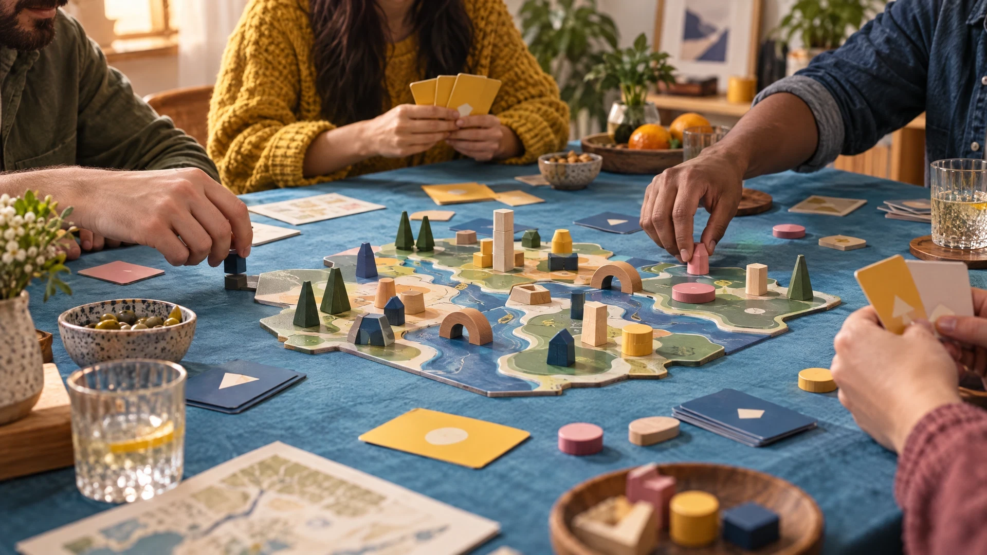 Hands around a table with abstract wooden game pieces