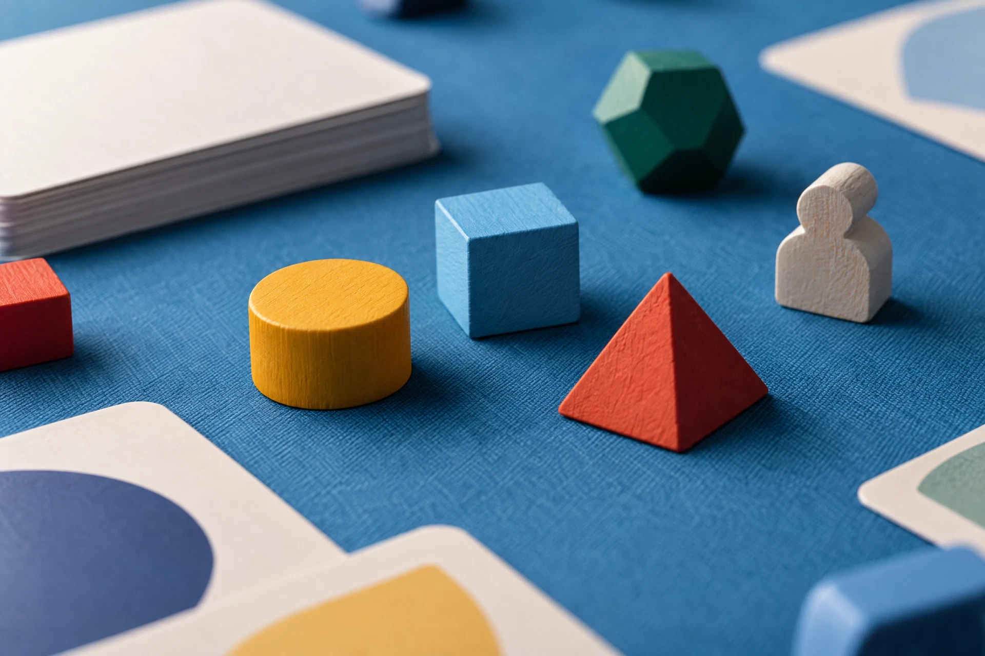Colorful abstract geometric tokens on blue play mat