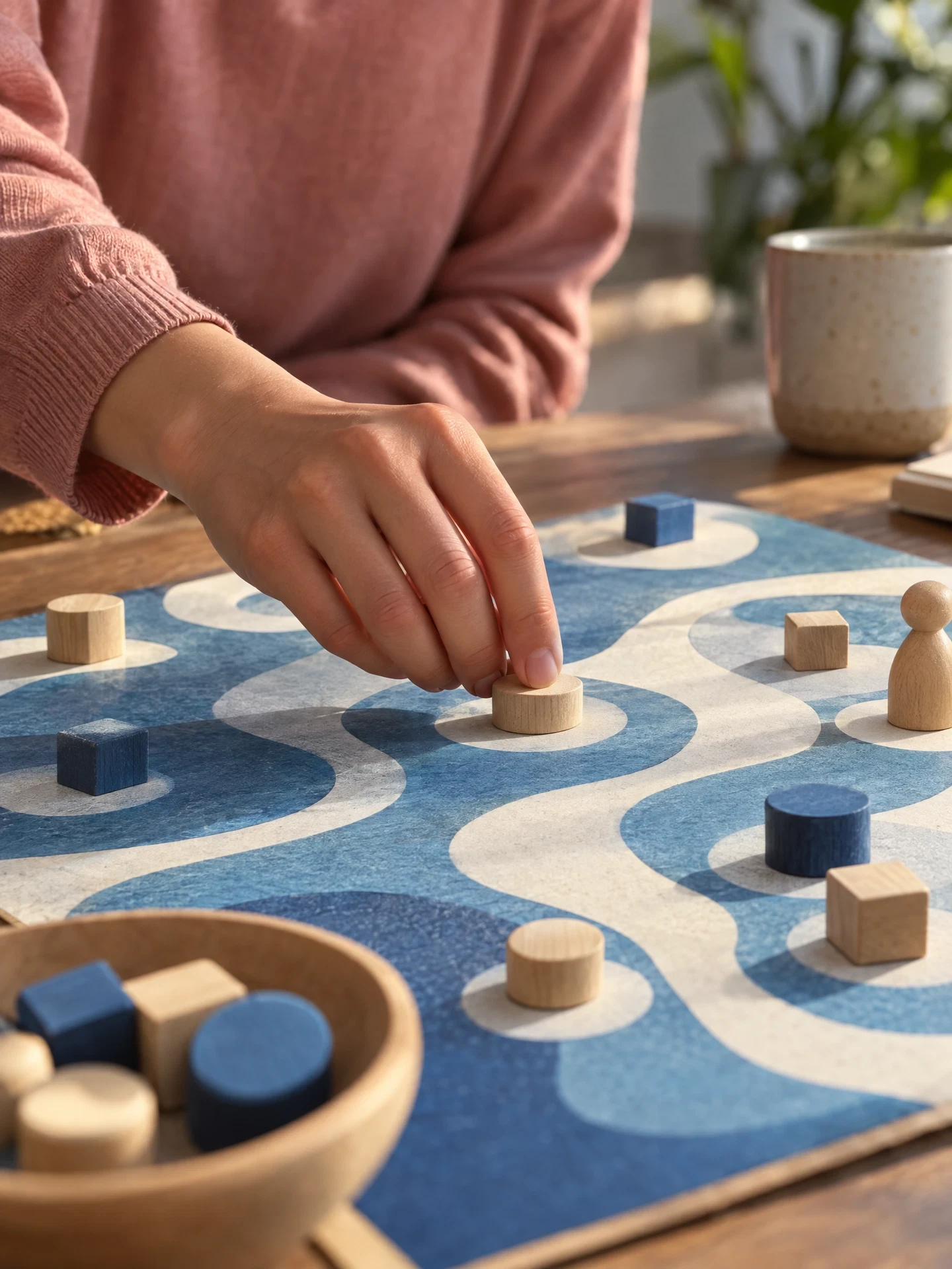 Person placing an unmarked wooden piece on abstract board