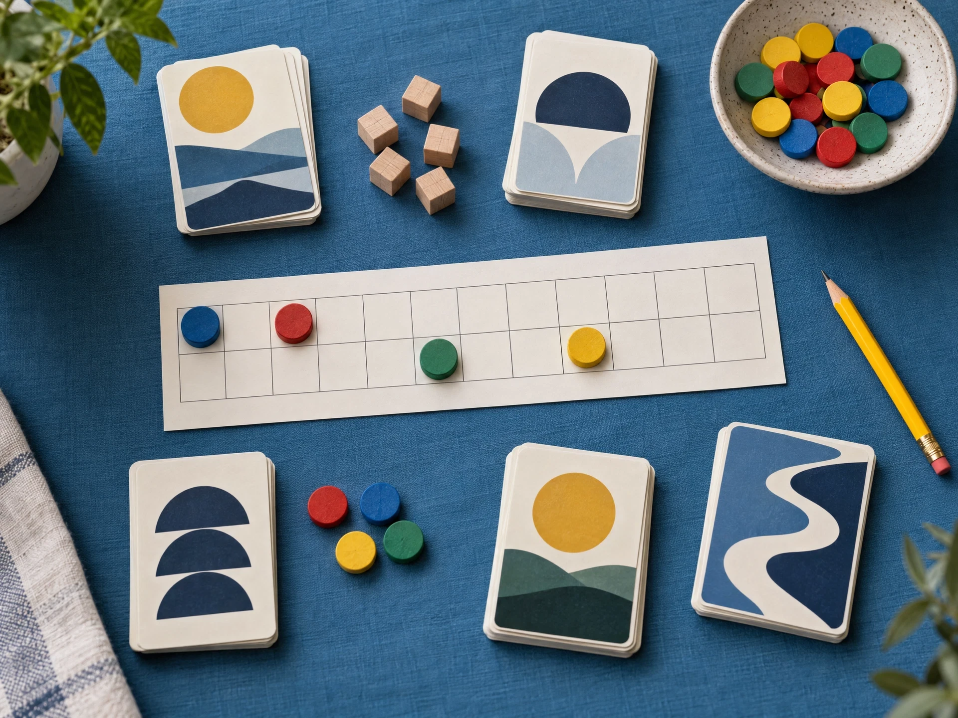 Abstract cards and tokens on river blue tabletop
