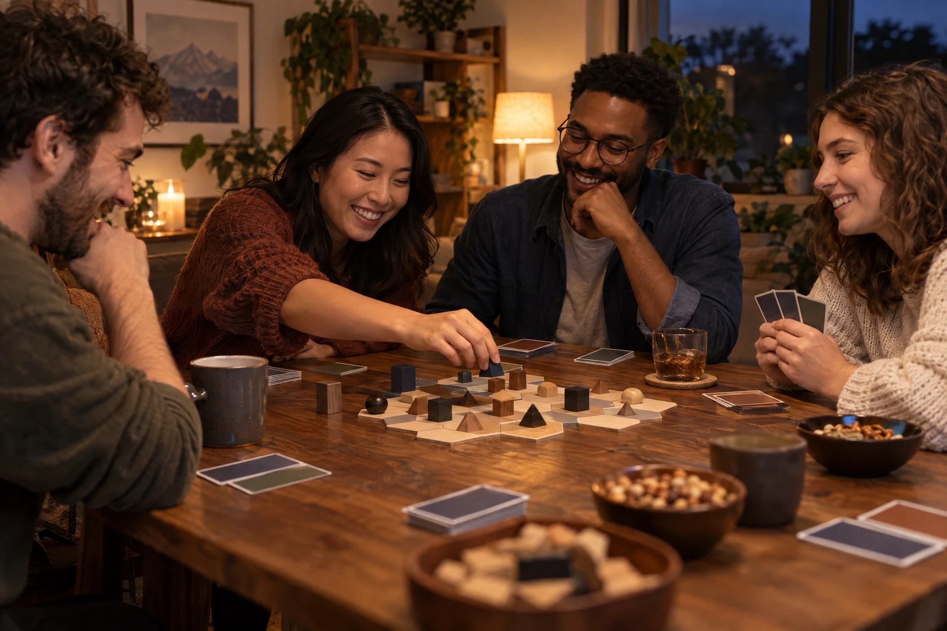 Relaxed group gathered around geometric wooden game objects