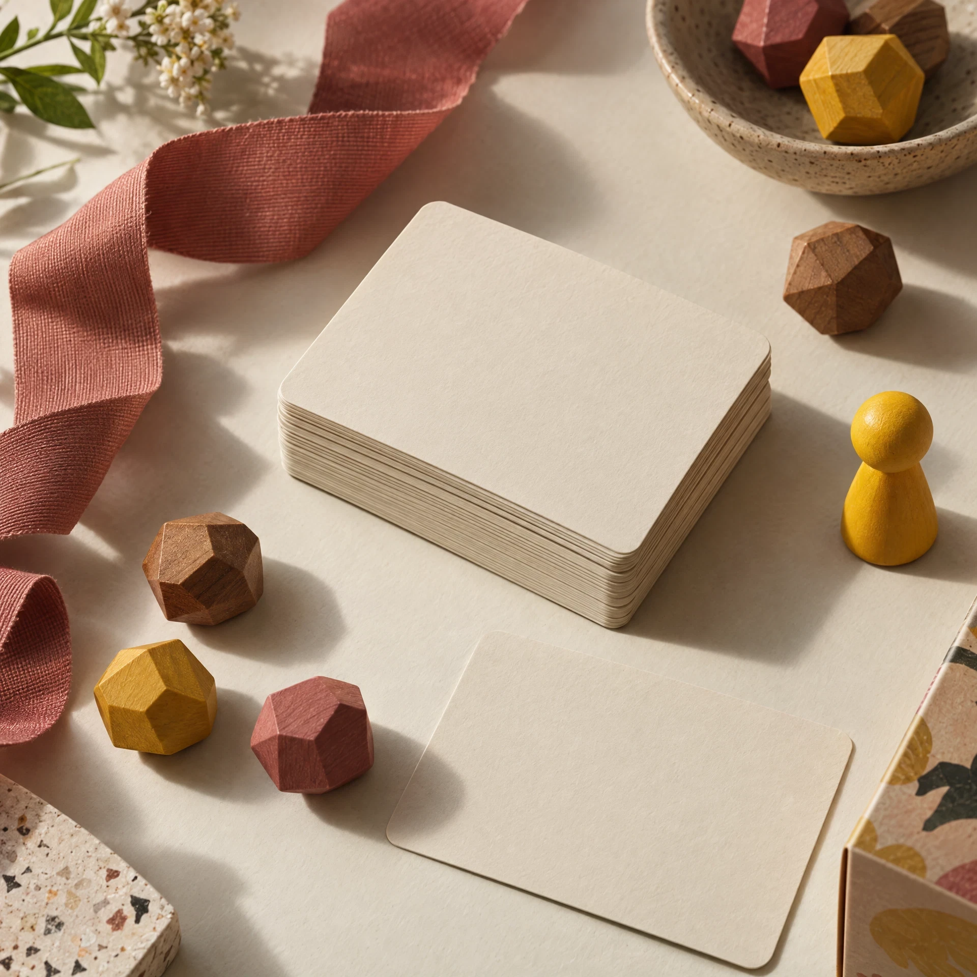 Stacked blank cards and faceted wooden tokens