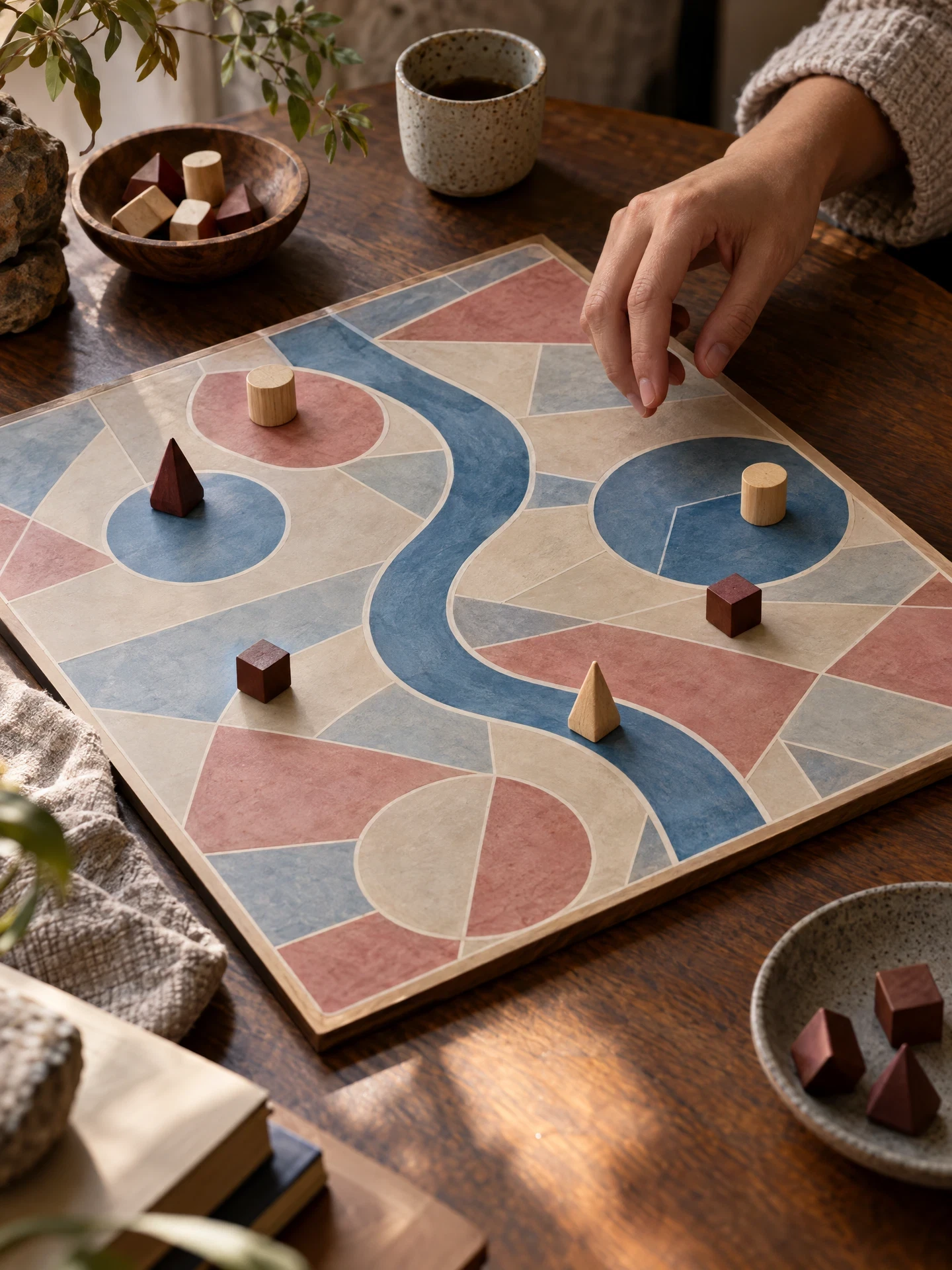 Blank handmade board with abstract zones and wooden pieces