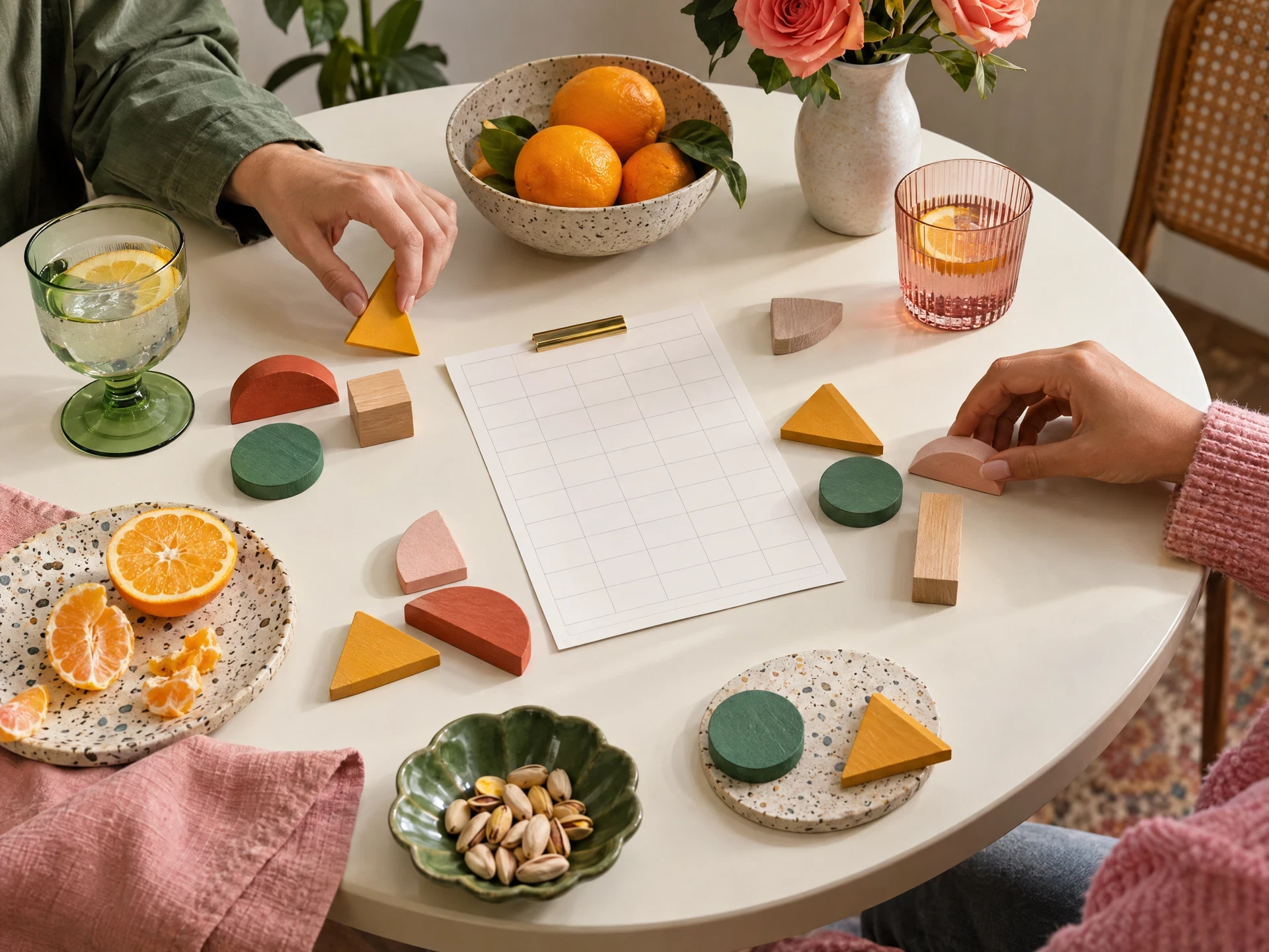Hands arranging wooden pieces at a round table